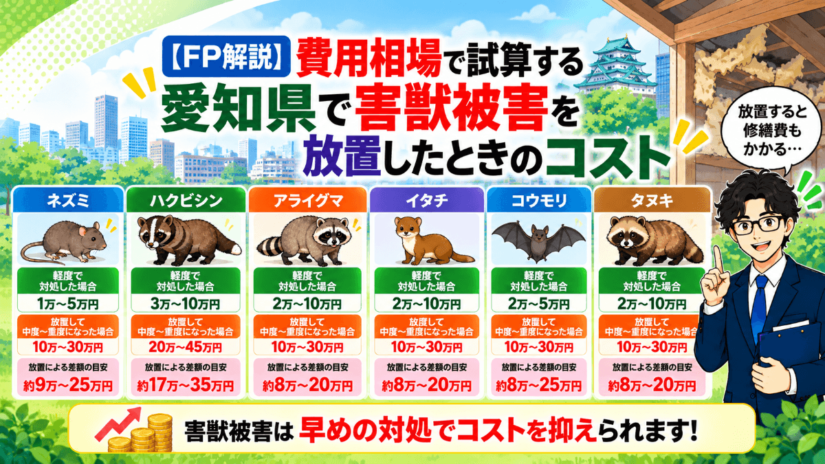 【FP解説】費用相場で試算する愛知県で害獣被害を放置したときのコスト