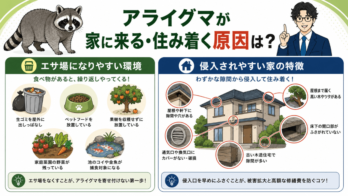 アライグマが家に来る・住み着く原因は？