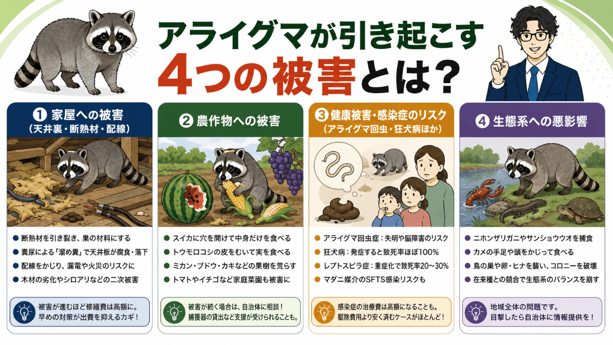 アライグマが引き起こす4つの被害とは？