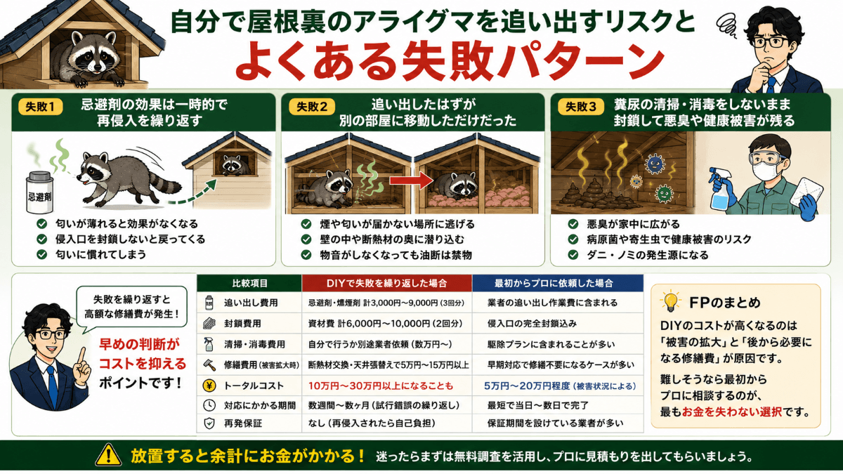 自分で屋根裏のアライグマを追い出すリスクと「よくある失敗パターン」