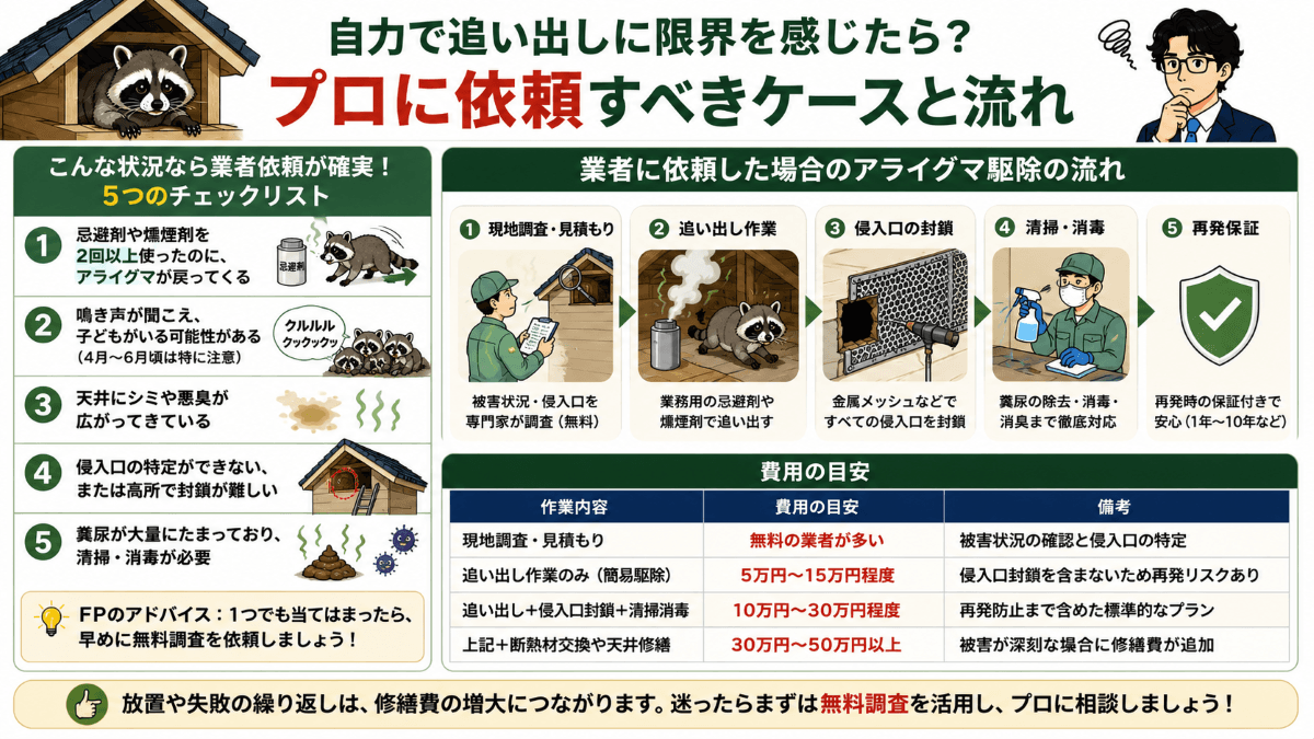自力でアライグマの追い出しに限界を感じたら？プロに依頼すべきケースの判断基準