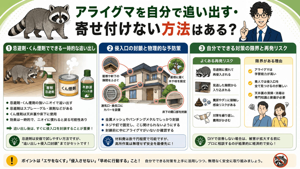 アライグマを自分で追い出す・寄せ付けない方法はある？