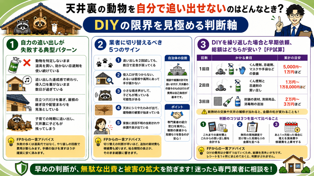天井裏の動物を自分で追い出せないのはどんなとき?DIYの限界を見極める判断軸