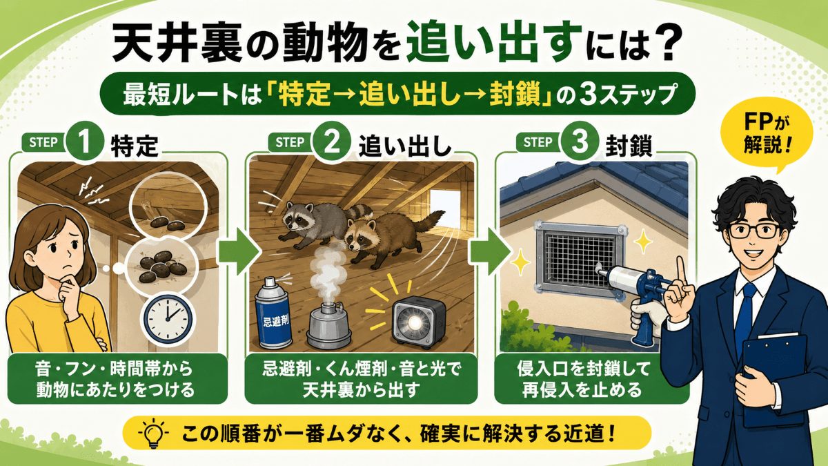 天井裏の動物を追い出すには?最短ルートは「特定→追い出し→封鎖」の3ステップ