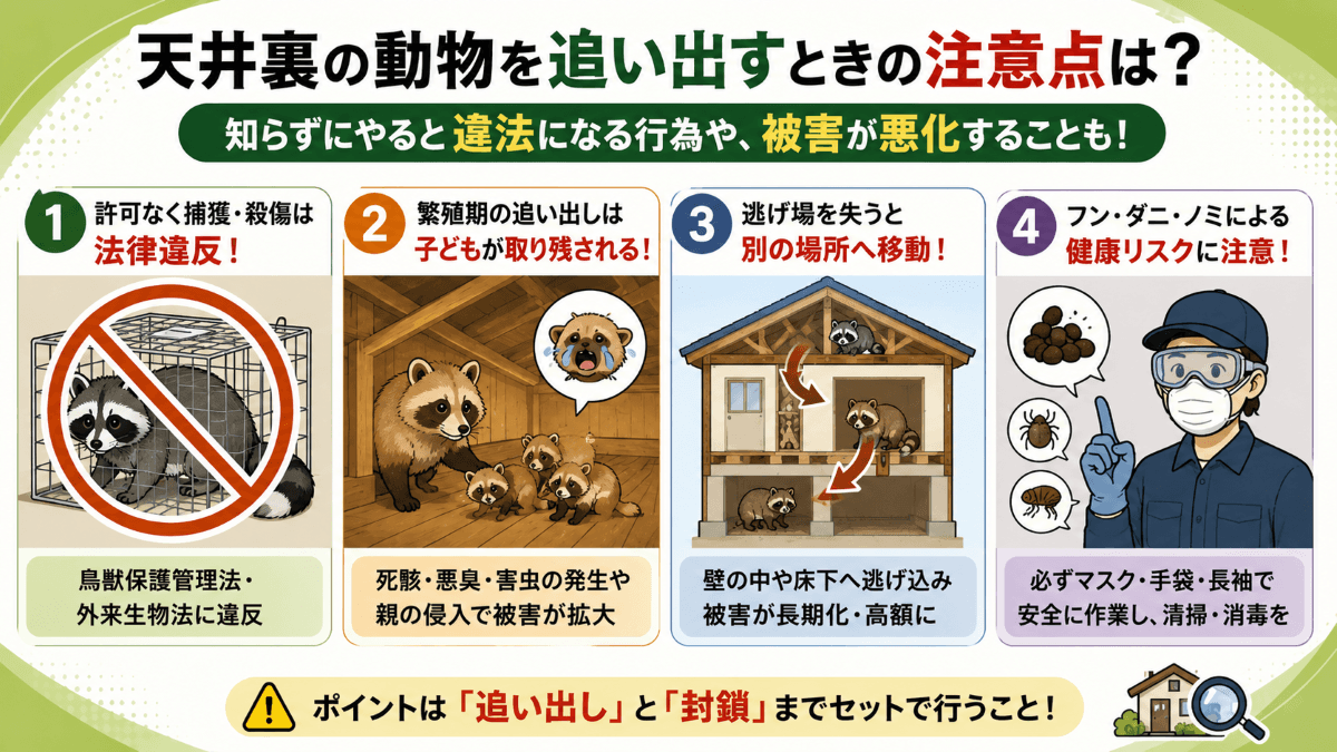 天井裏の動物を追い出すときの注意点は?知らずにやると違法になる行為