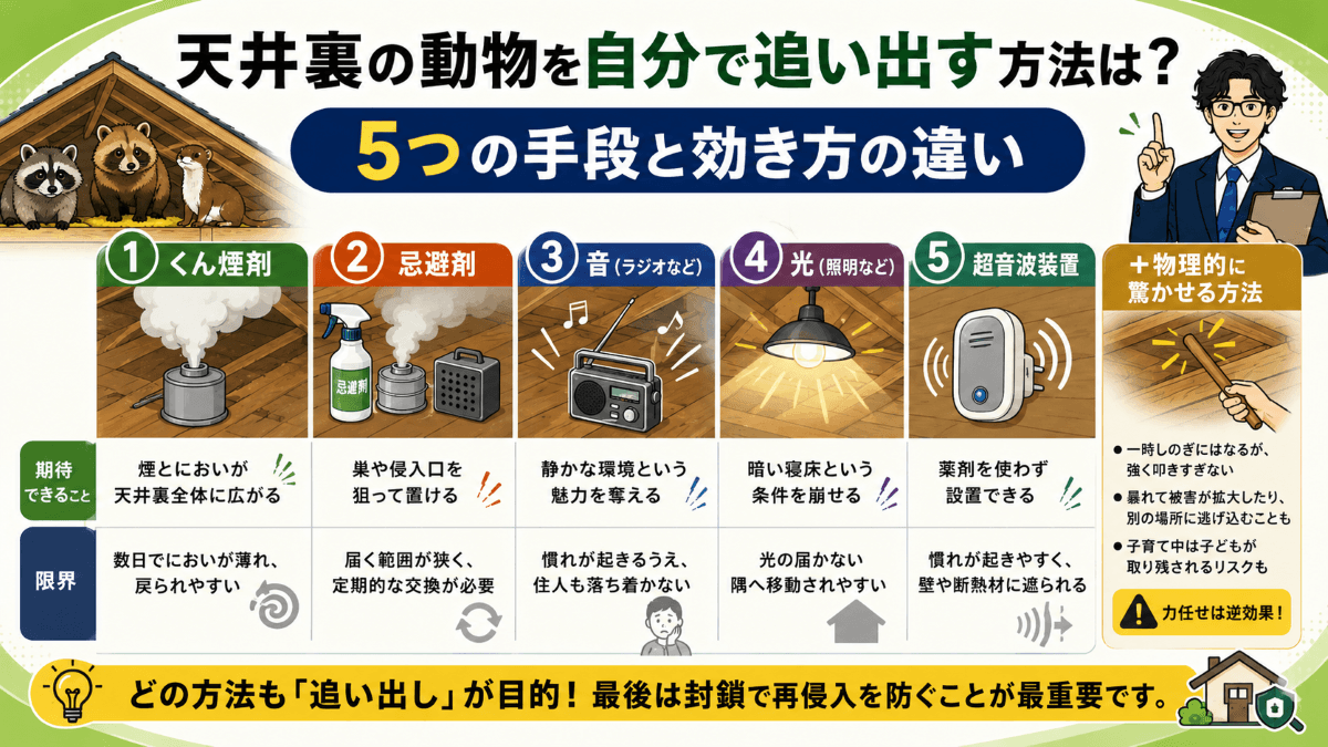 天井裏の動物を自分で追い出す方法は?5つの手段と効き方の違い