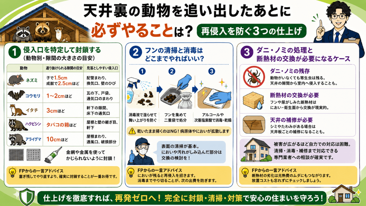 天井裏の動物を追い出したあとに必ずやることは?再侵入を防ぐ3つの仕上げ