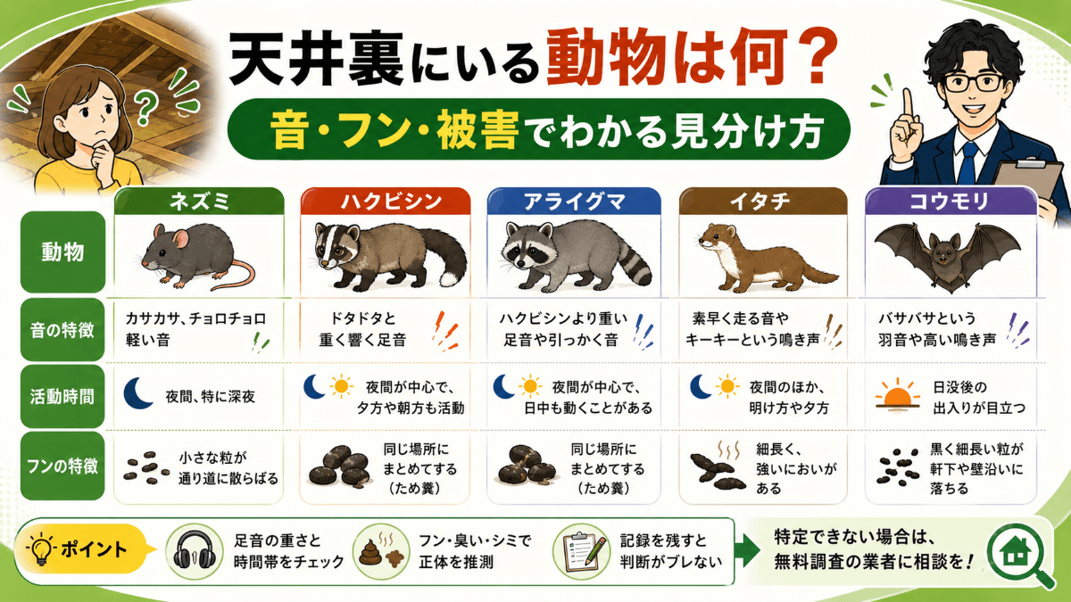 天井裏にいる動物は何?音・フン・被害でわかる見分け方