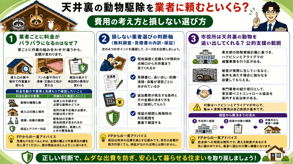 天井裏の動物駆除を業者に頼むといくら?費用の考え方と損しない選び方