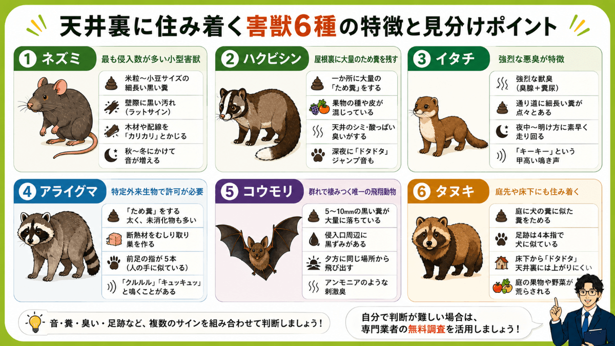 天井裏に住み着く害獣6種の特徴と見分けポイント