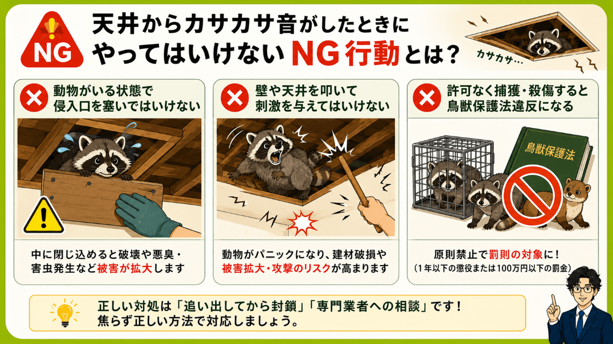 天井からカサカサ音がしたときにやってはいけないNG行動とは?