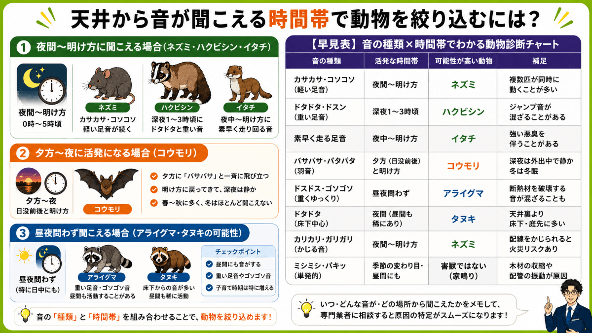 天井から音が聞こえる時間帯で動物を絞り込むには?