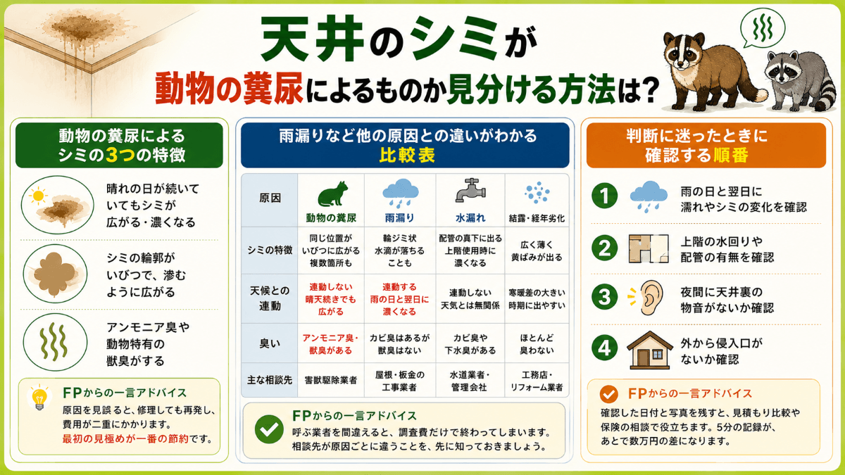 天井のシミが動物の糞尿によるものか見分ける方法は?