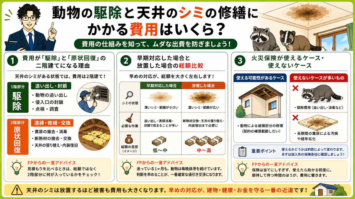 動物の駆除と天井のシミの修繕にかかる費用はいくら?