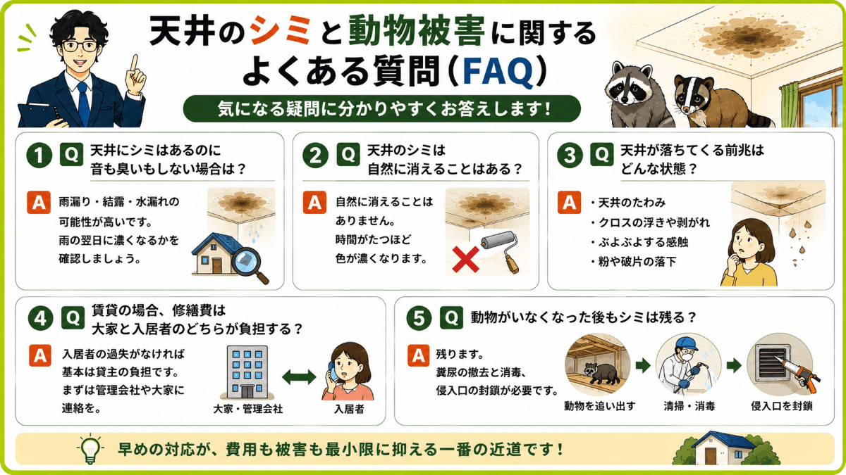 天井のシミと動物被害に関するよくある質問(FAQ)