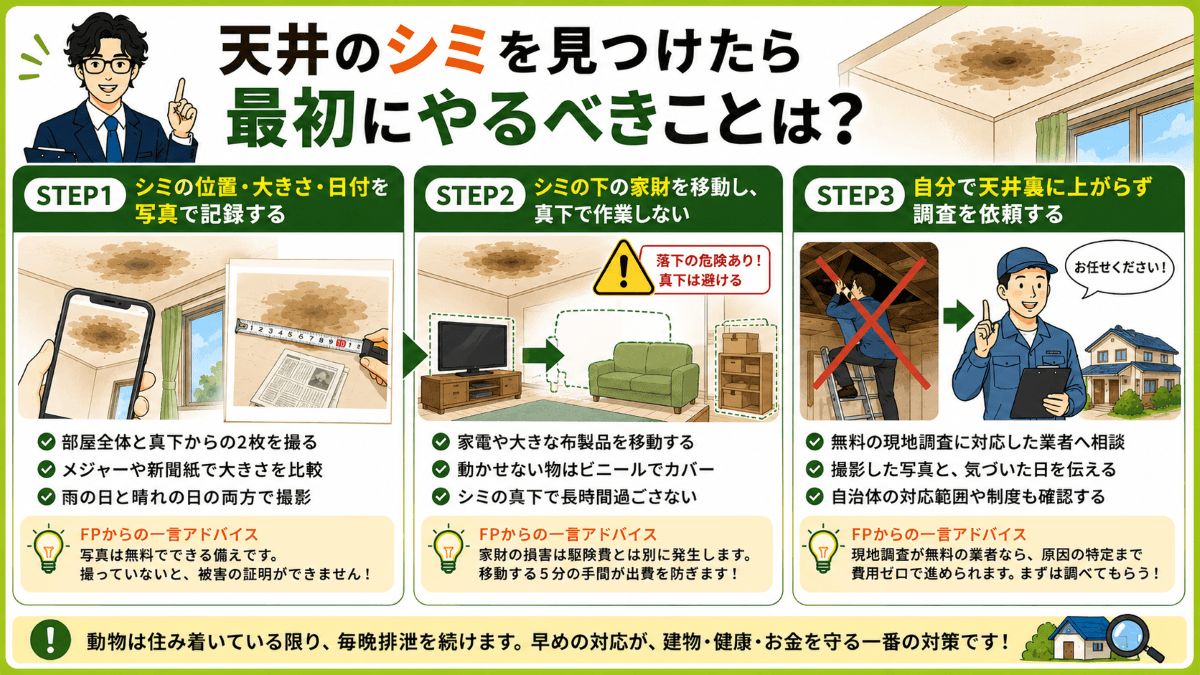 天井のシミを見つけたら最初にやるべきことは?