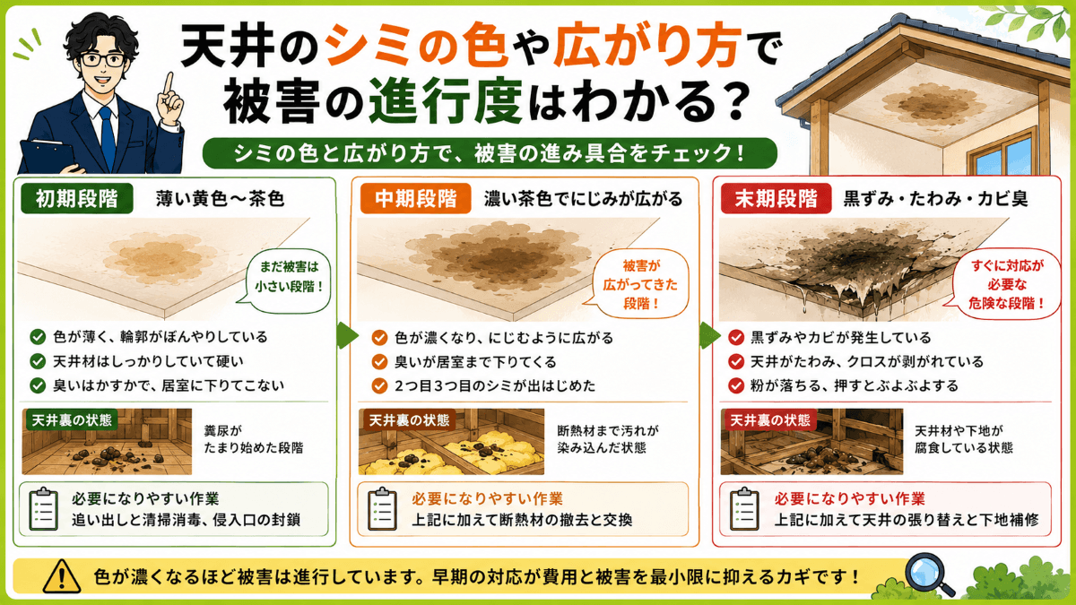 天井のシミの色や広がり方で被害の進行度はわかる?