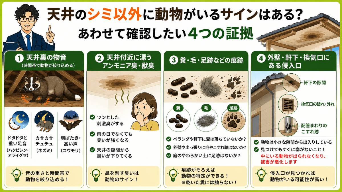 天井のシミ以外に動物がいるサインはある?あわせて確認したい4つの証拠