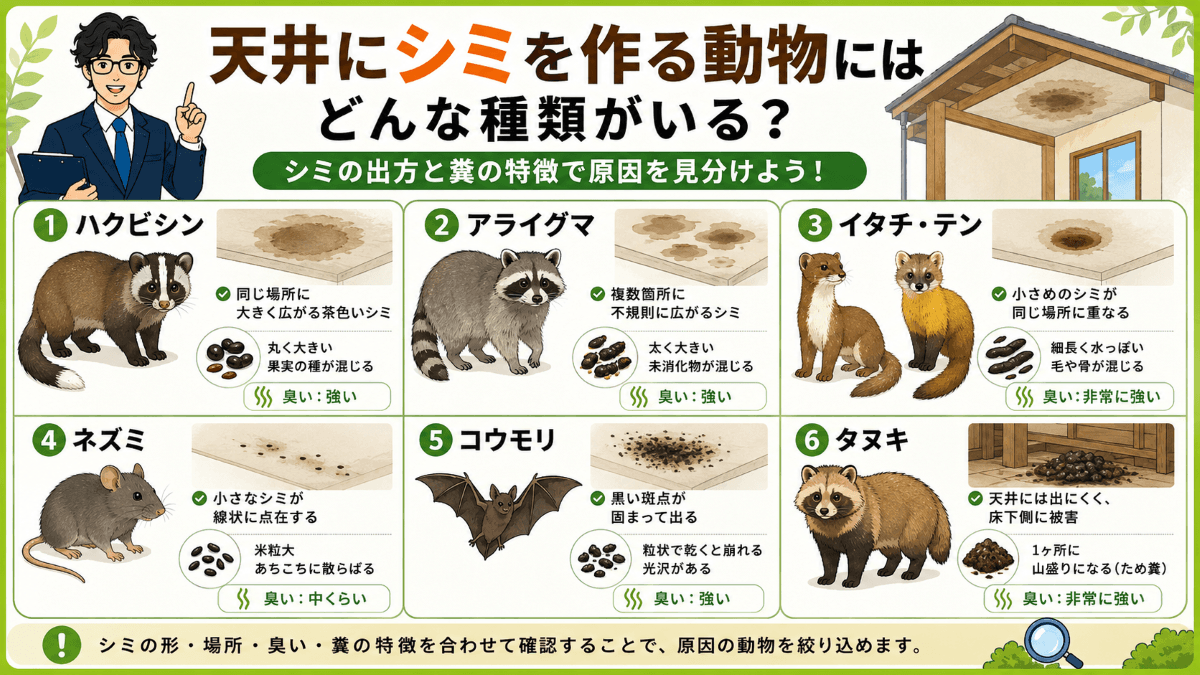 天井にシミを作る動物にはどんな種類がいる?