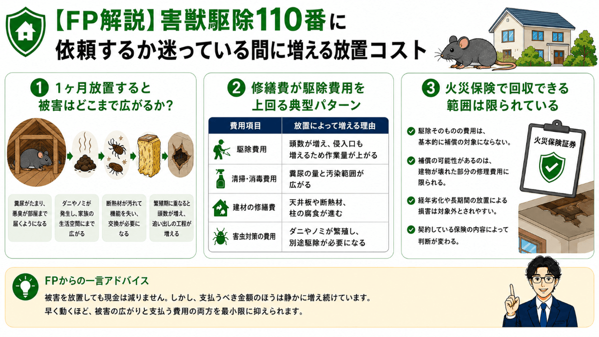 【FP解説】害獣駆除110番に依頼するか迷っている間に増える放置コスト