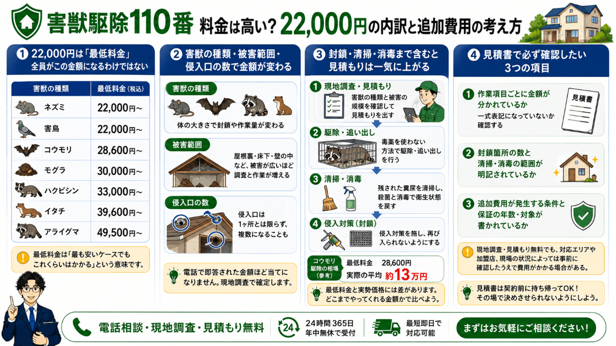 害獣駆除110番の料金は高い？22,000円の内訳と追加費用の考え方