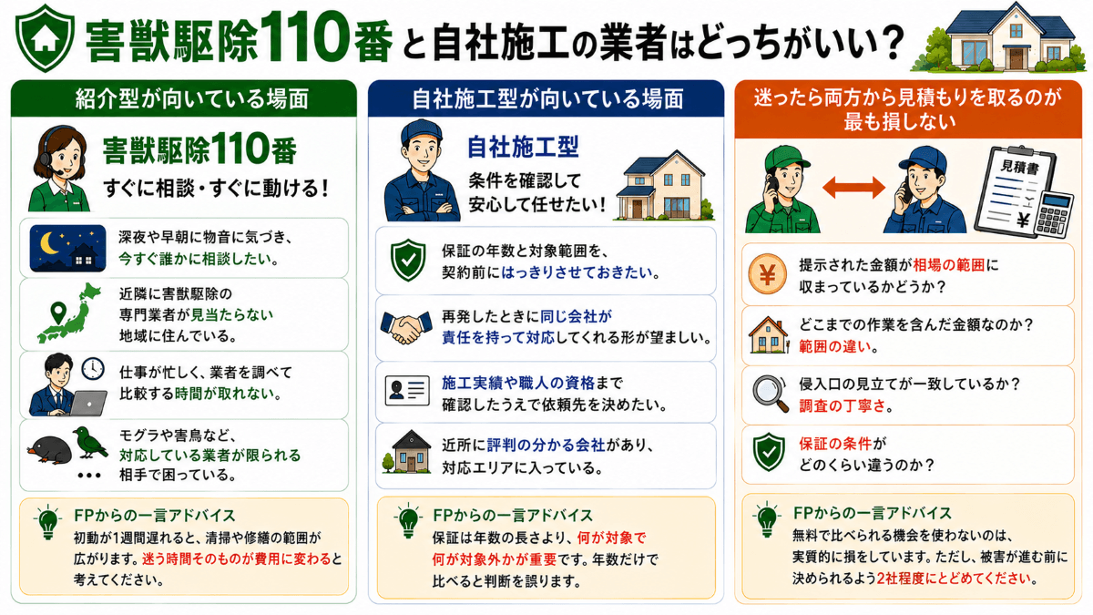 害獣駆除110番と自社施工の業者はどっちがいい？