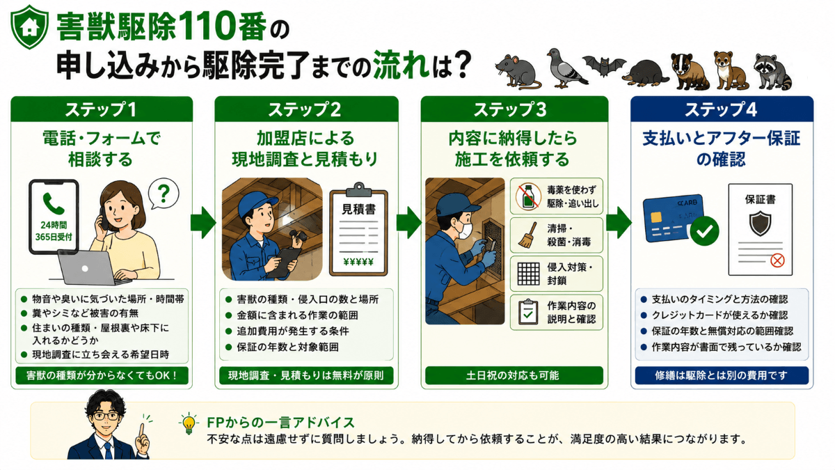 害獣駆除110番の申し込みから駆除完了までの流れは？