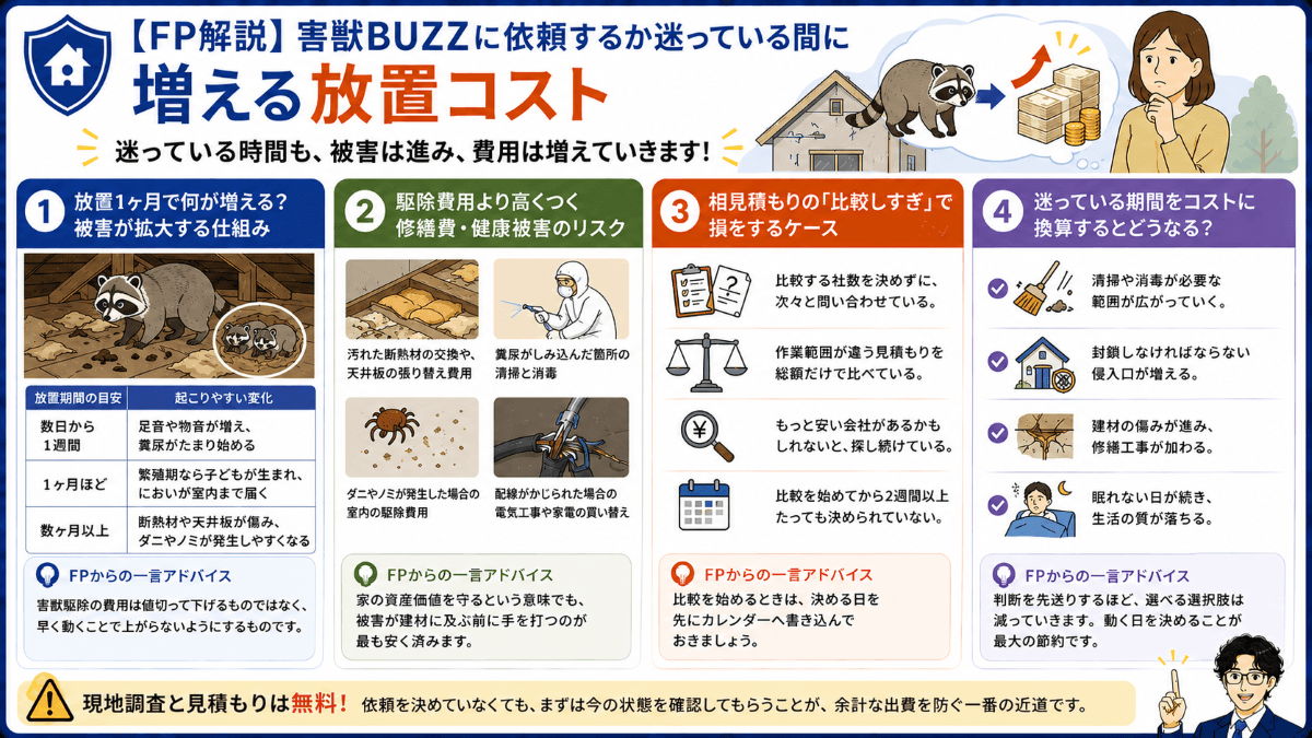 【FP解説】害獣BUZZに依頼するか迷っている間に増える放置コスト