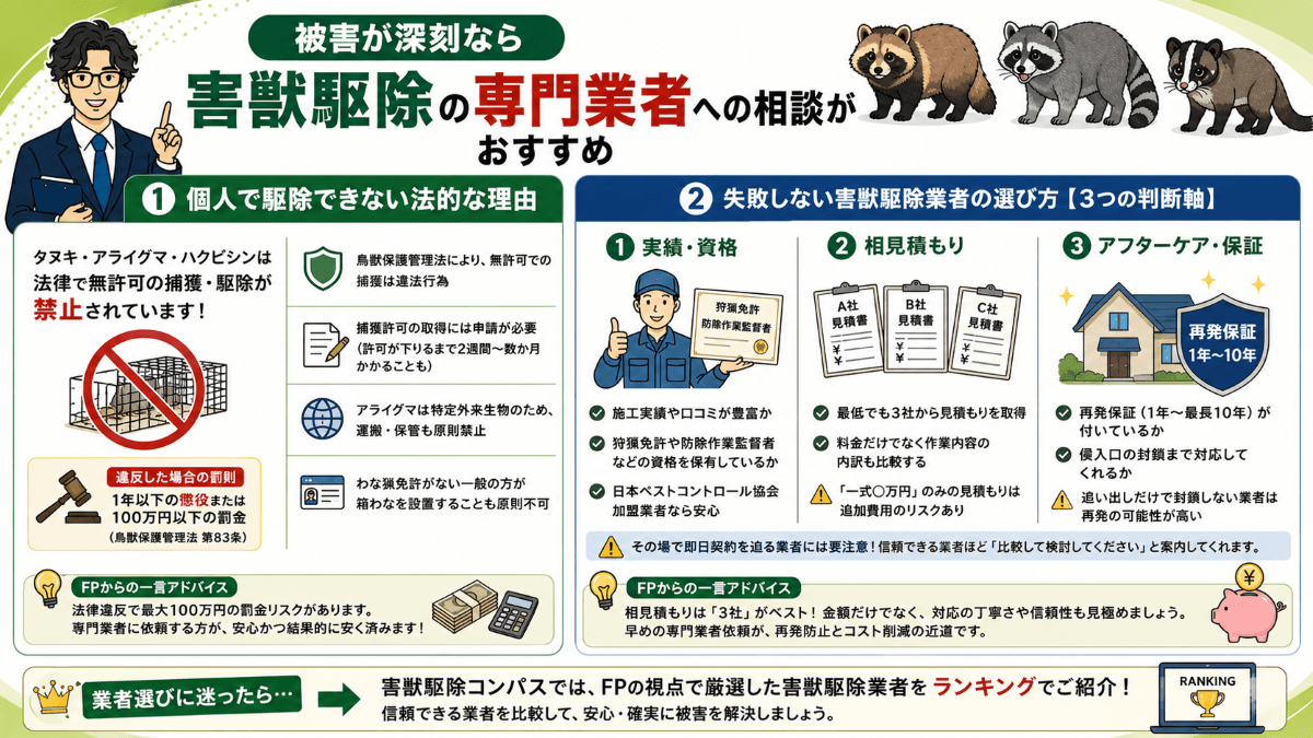 被害が深刻なら害獣駆除の専門業者への相談がおすすめ