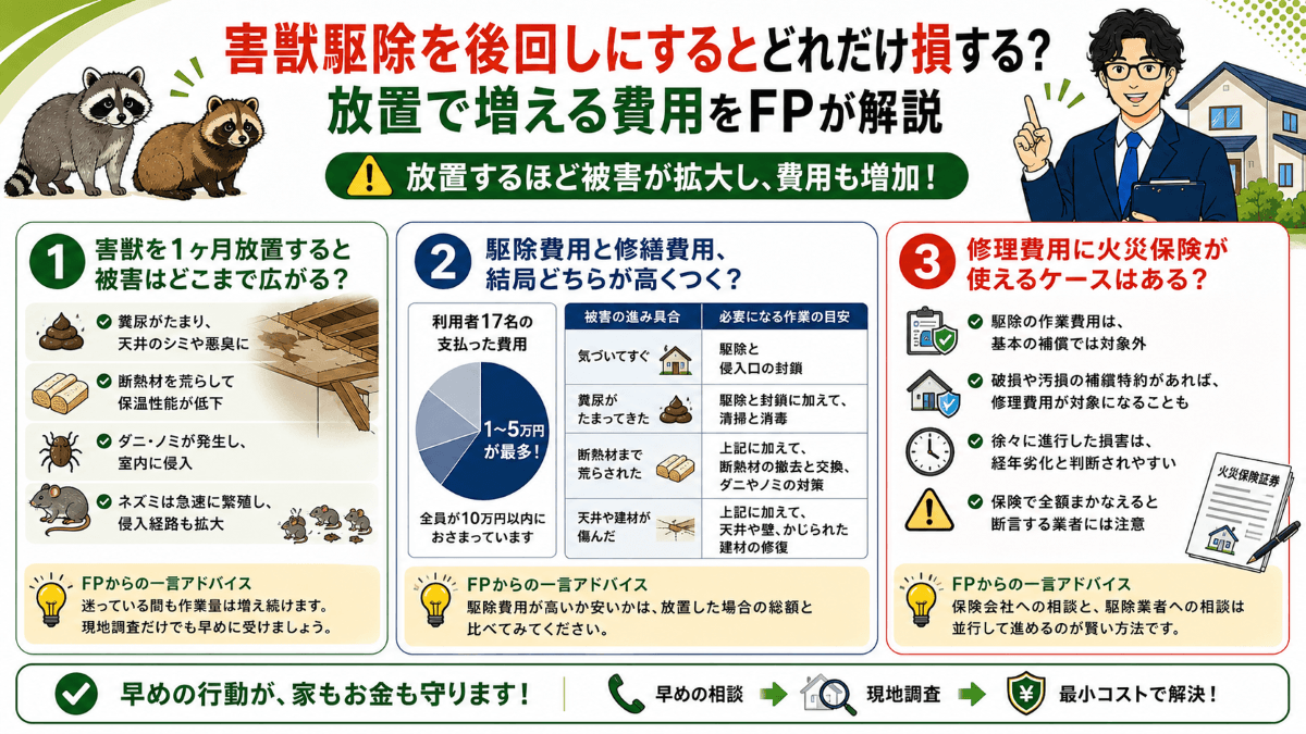 害獣駆除を後回しにするとどれだけ損する?放置で増える費用をFPが解説