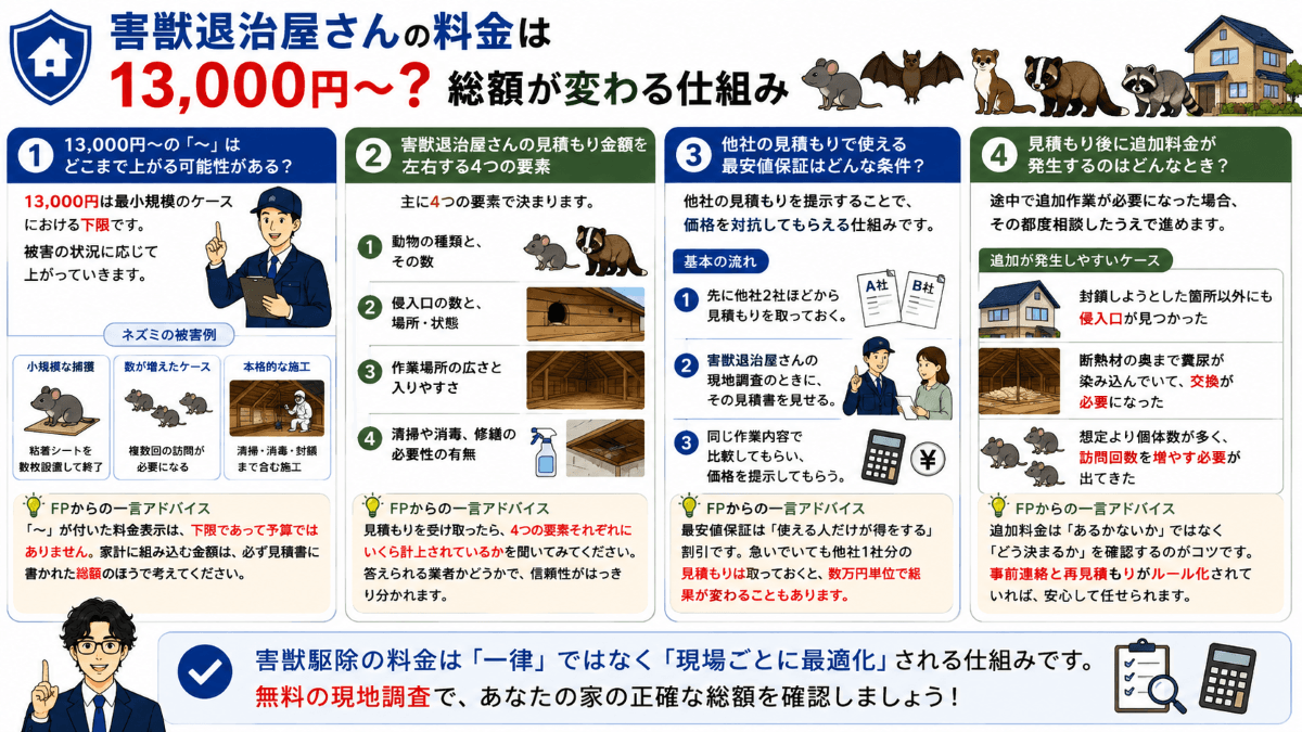 害獣退治屋さんの料金は13,000円～？総額が変わる仕組み