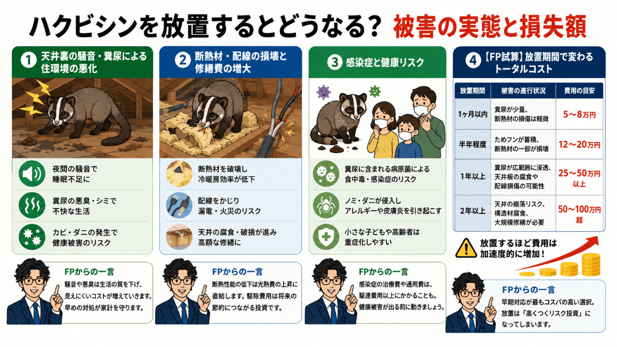 ハクビシンを放置するとどうなる？被害の実態と損失額