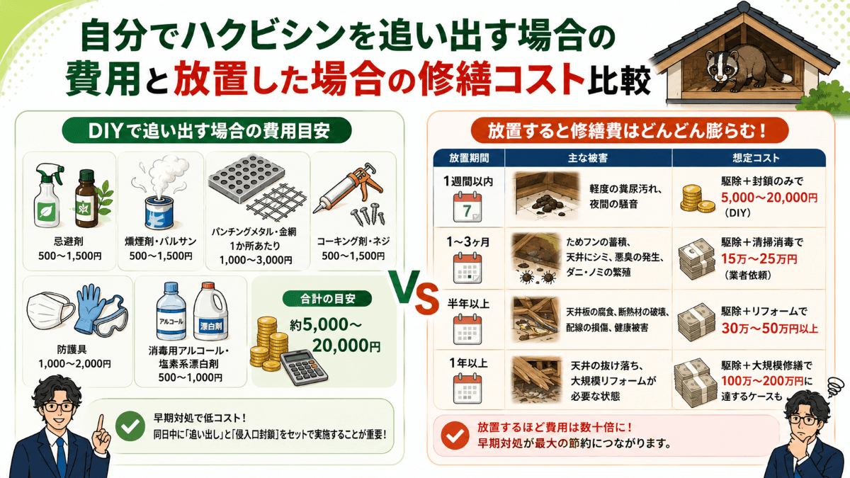 自分でハクビシンを追い出す場合の費用と放置した場合の修繕コスト比較