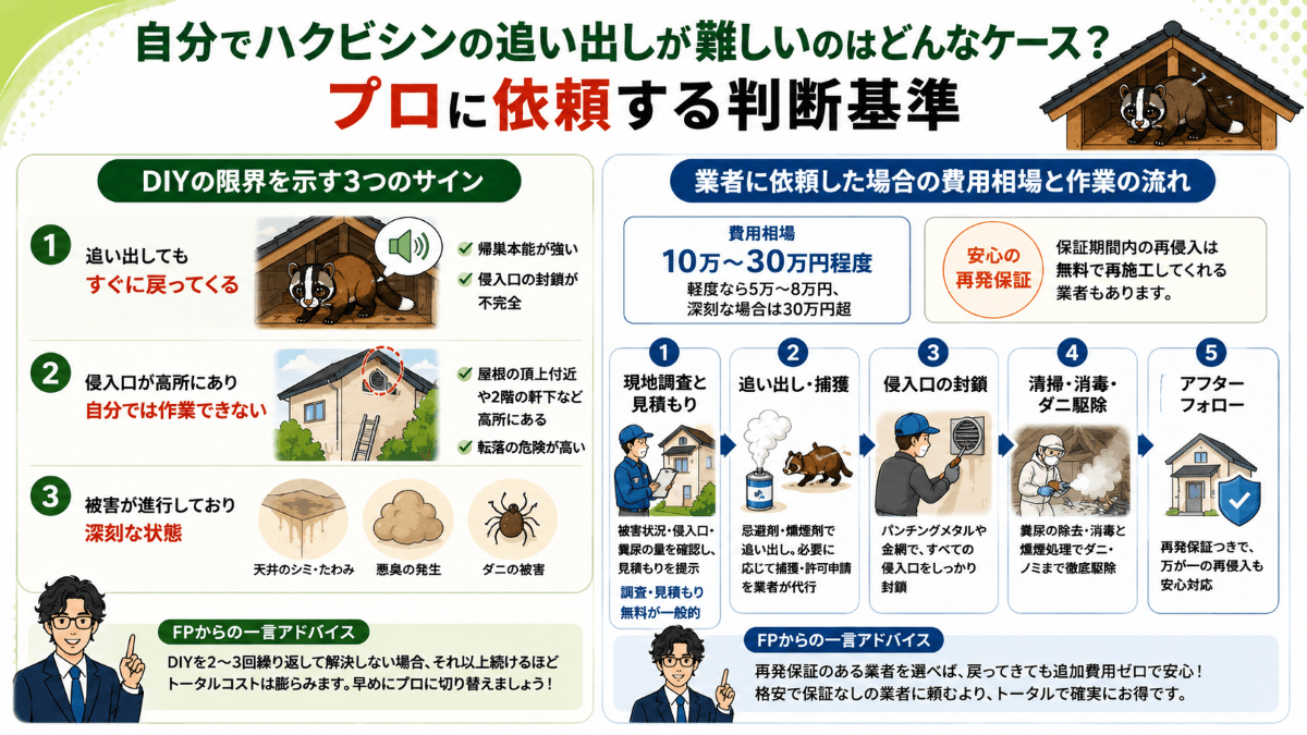 自分でハクビシンの追い出しが難しいのはどんなケース?プロに依頼する判断基準