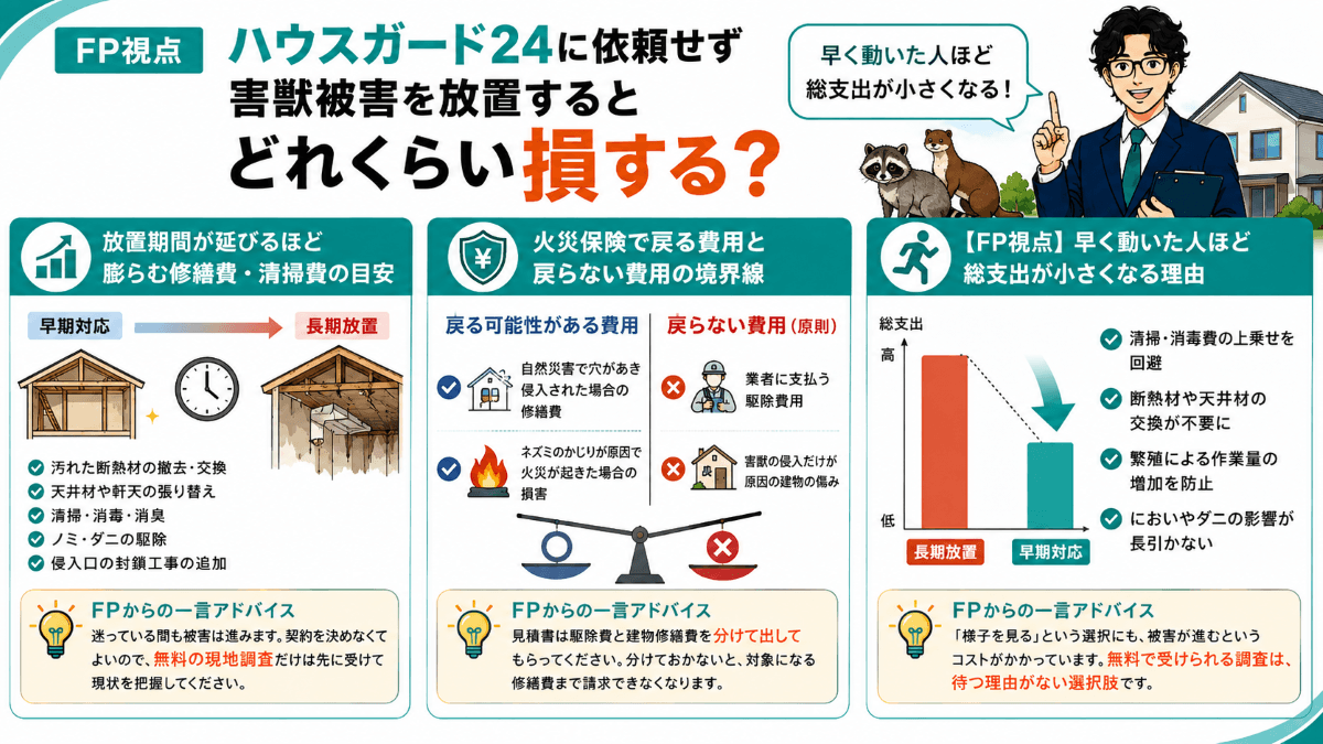 ハウスガード24に依頼せず害獣被害を放置するとどれくらい損する?