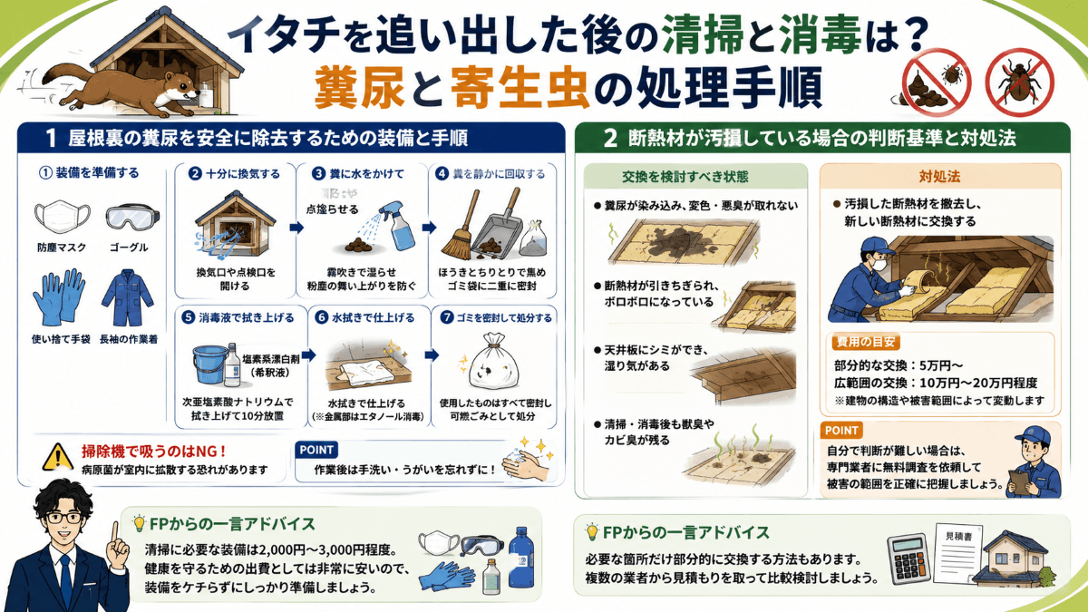 イタチを追い出した後の清掃と消毒は?糞尿と寄生虫の処理手順