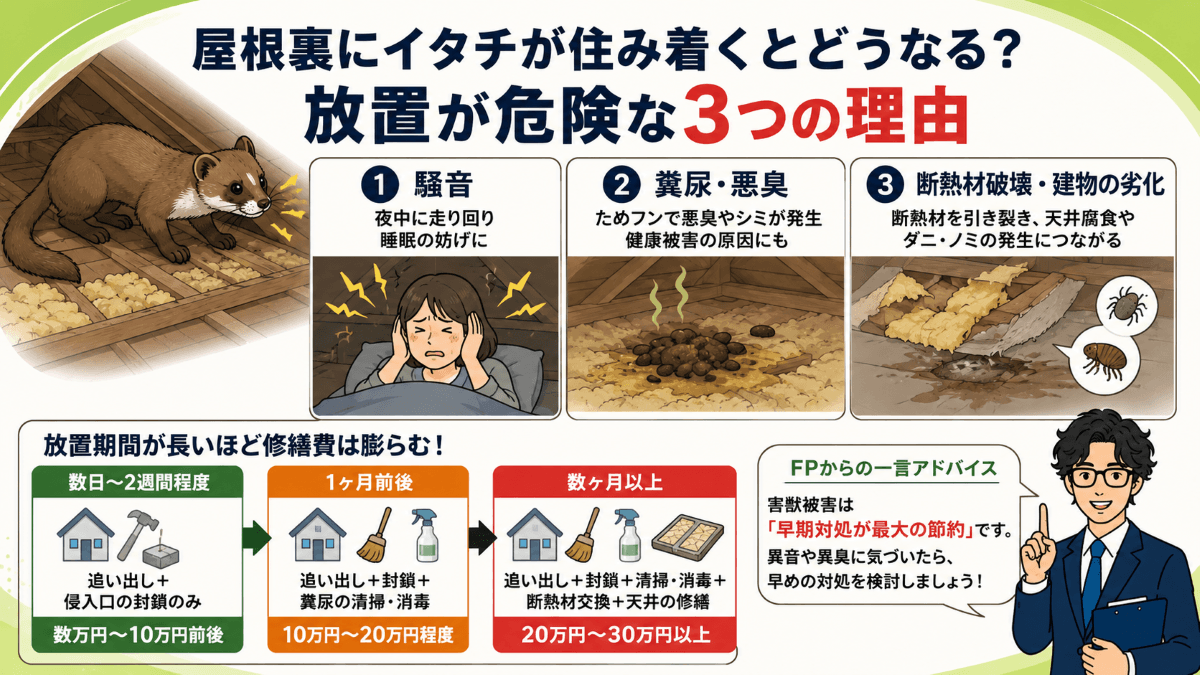 屋根裏にイタチが住み着くとどうなる?放置が危険な3つの理由