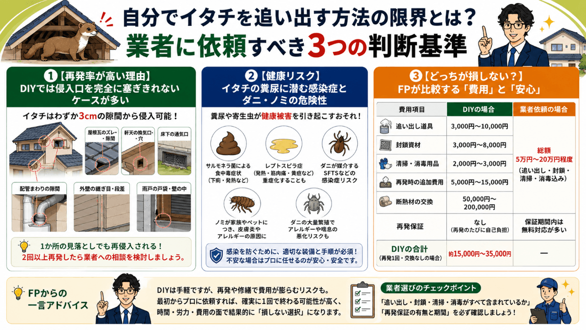 自分でイタチを追い出す方法の限界とは?業者に依頼すべき3つの判断基準