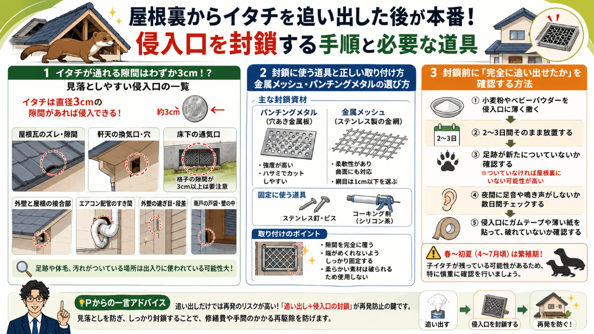 屋根裏からイタチを追い出した後が本番!侵入口を封鎖する手順と必要な道具