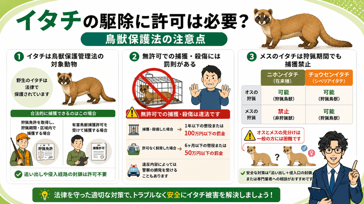 イタチの駆除に許可は必要?鳥獣保護法の注意点