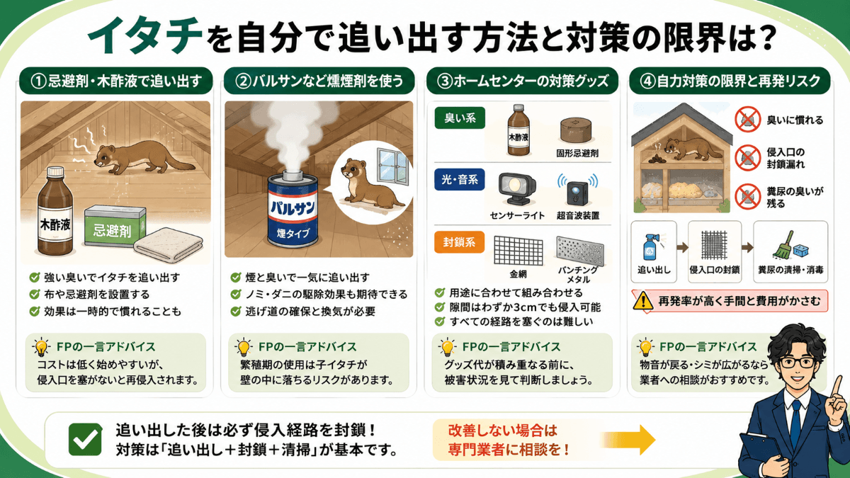イタチを自分で追い出す方法と対策の限界は?