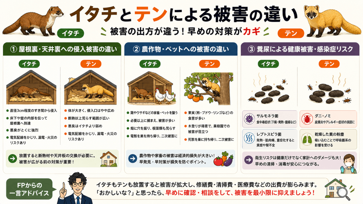 イタチとテンによる被害にはどんな違いがある?