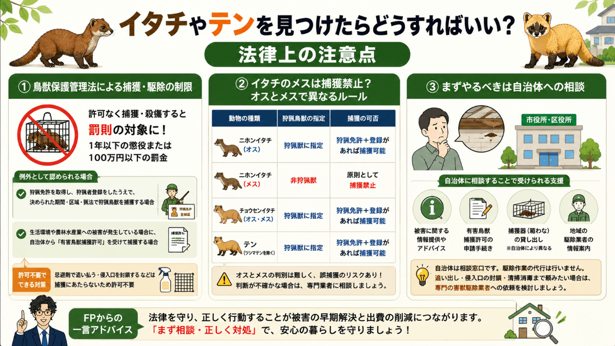 イタチやテンを見つけたらどうすればいい?法律上の注意点