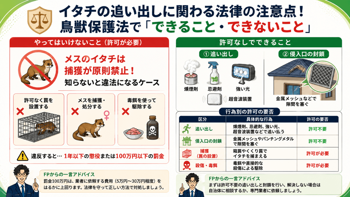 イタチの追い出しに関わる法律の注意点!鳥獣保護法で「できること・できないこと」