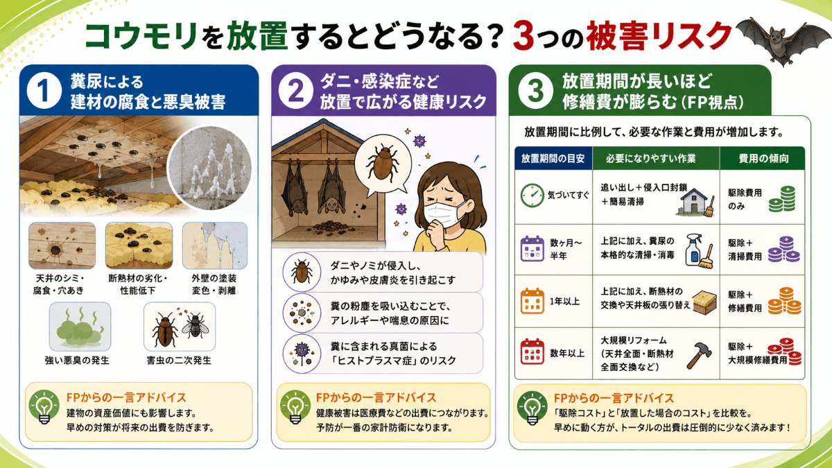 コウモリを放置するとどうなる？3つの被害リスク