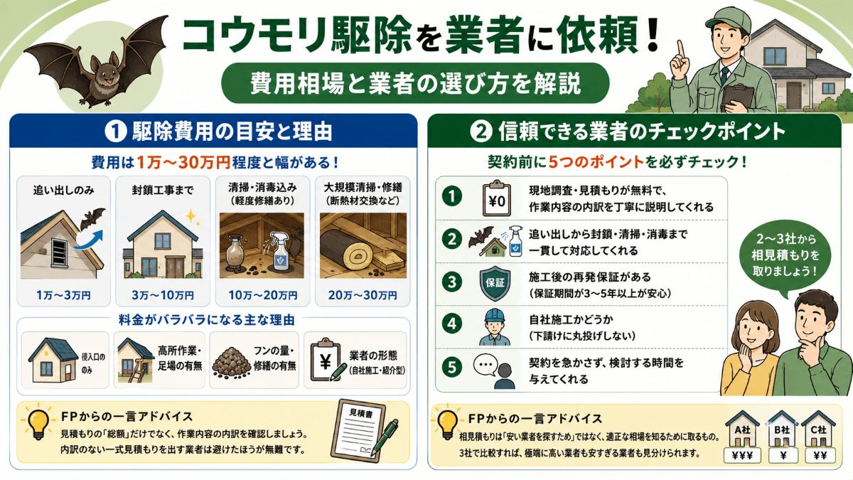 コウモリ駆除を業者に依頼した場合の費用相場と業者の選び方