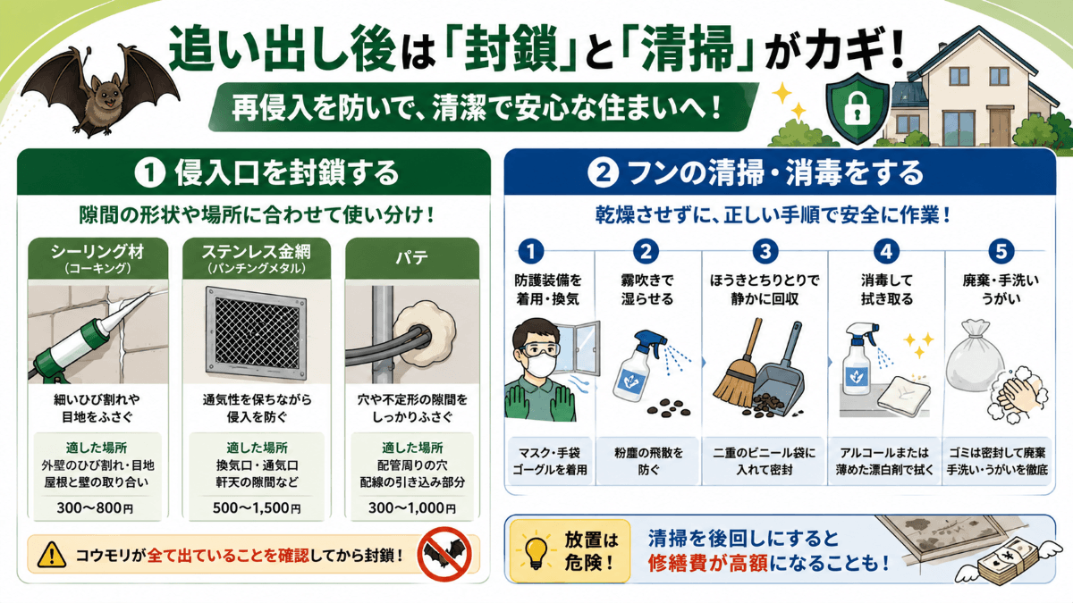 コウモリを追い出した後にやるべきことは?再侵入を防ぐ封鎖と清掃