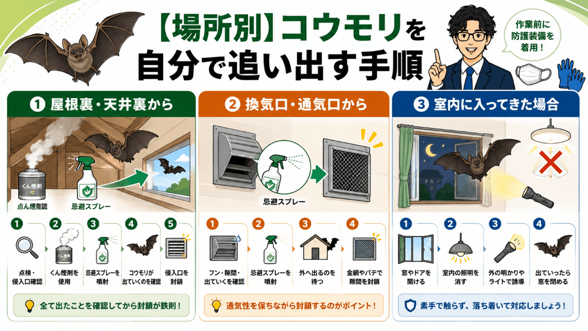 【場所別】コウモリを自分で追い出す手順