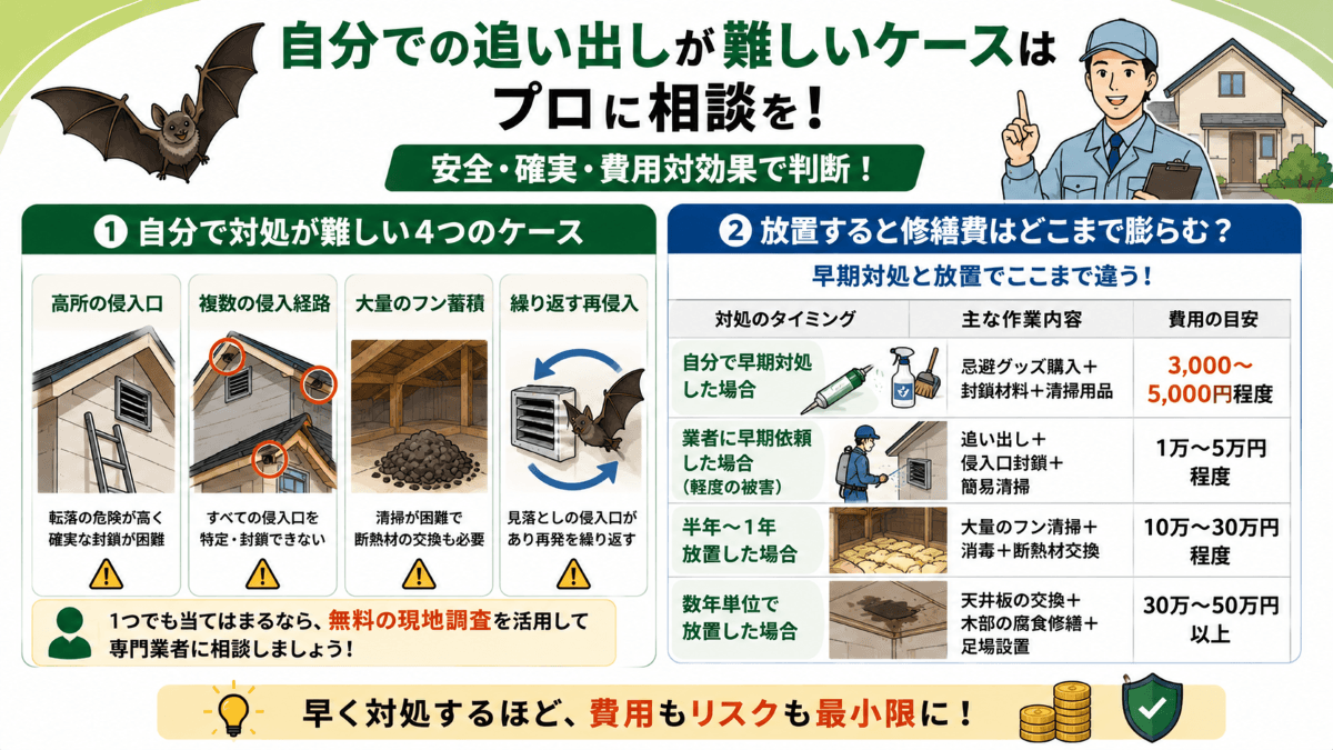 自分でコウモリの追い出しが難しい4つのケース:プロに依頼する判断基準は?