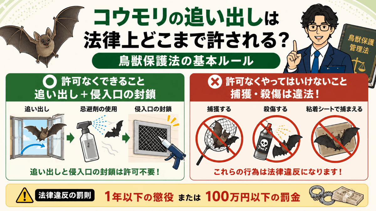コウモリの追い出しは法律上どこまで許される?鳥獣保護法の基本ルール